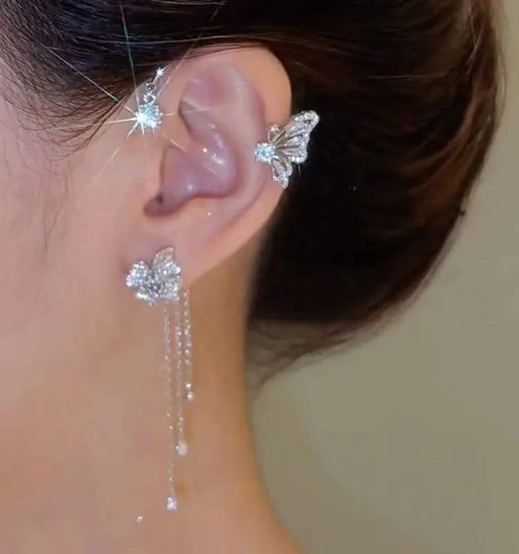 fashion jewelry at wholesale Elegant Recycled Tassel Earrings: Super y2k fashion jewelry Flash Diamond Butterfly & Flowers, No Earholes Classic Design fashion jewelry rental