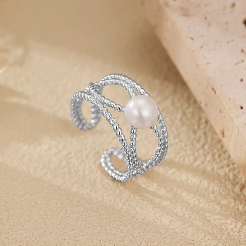Romantic Vintage Boho Sparkle Geometric Open Rings in White Gold Plated 925 Sterling Silver with Pearls
