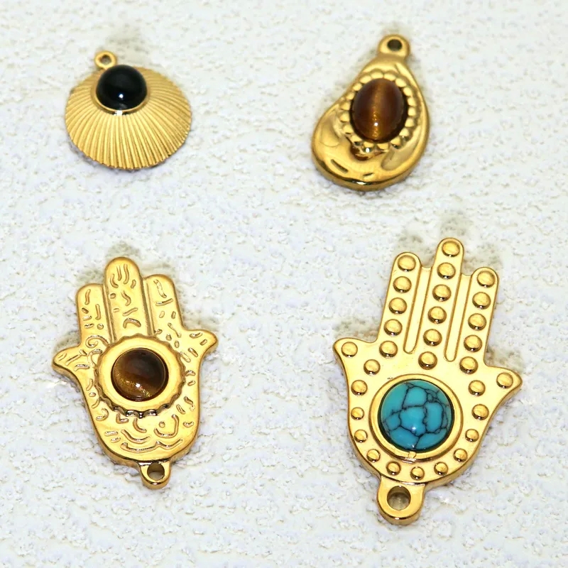 Set of 2 Tribal Geometric Titanium Steel Pendants with Turquoise & Tiger Eye - Dainty, Classic & Glam Jewelry