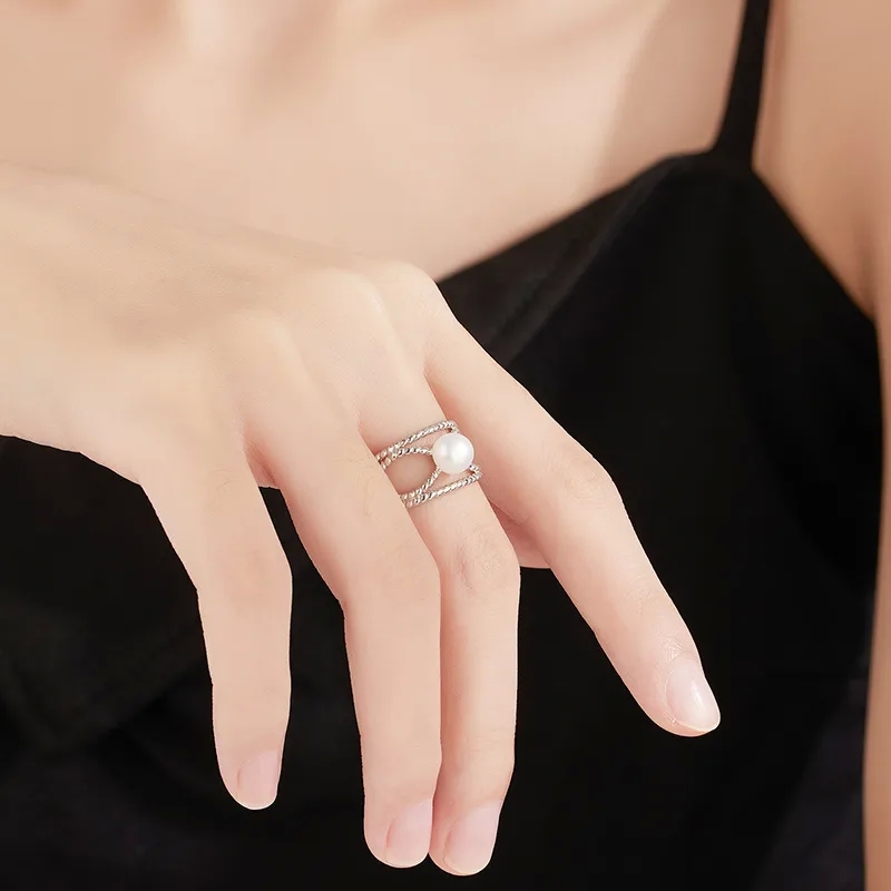 most popular high end jewelry Romantic Vintage Boho high end jewelry brands pyramid Sparkle Geometric Open Rings in White Gold Plated 925 Sterling Silver with Pearls cheap high end jewelry