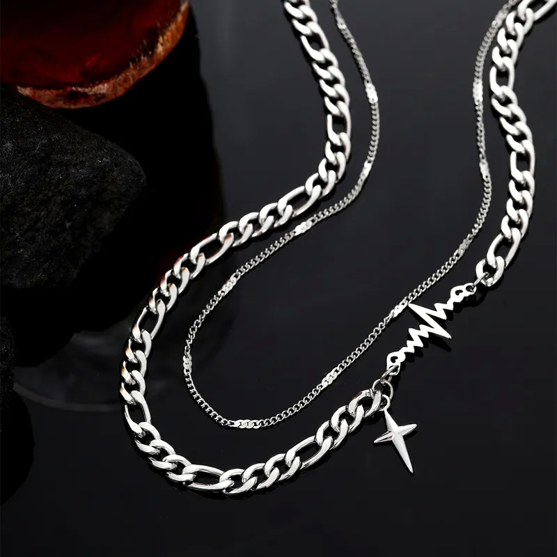 best men's jewelry reddit Affordable High-Fashion Stainless Steel Double Layer ECG Chain Men's Necklace Set with Gift best men's jewelry brands affordable Box men's jewelry nearby