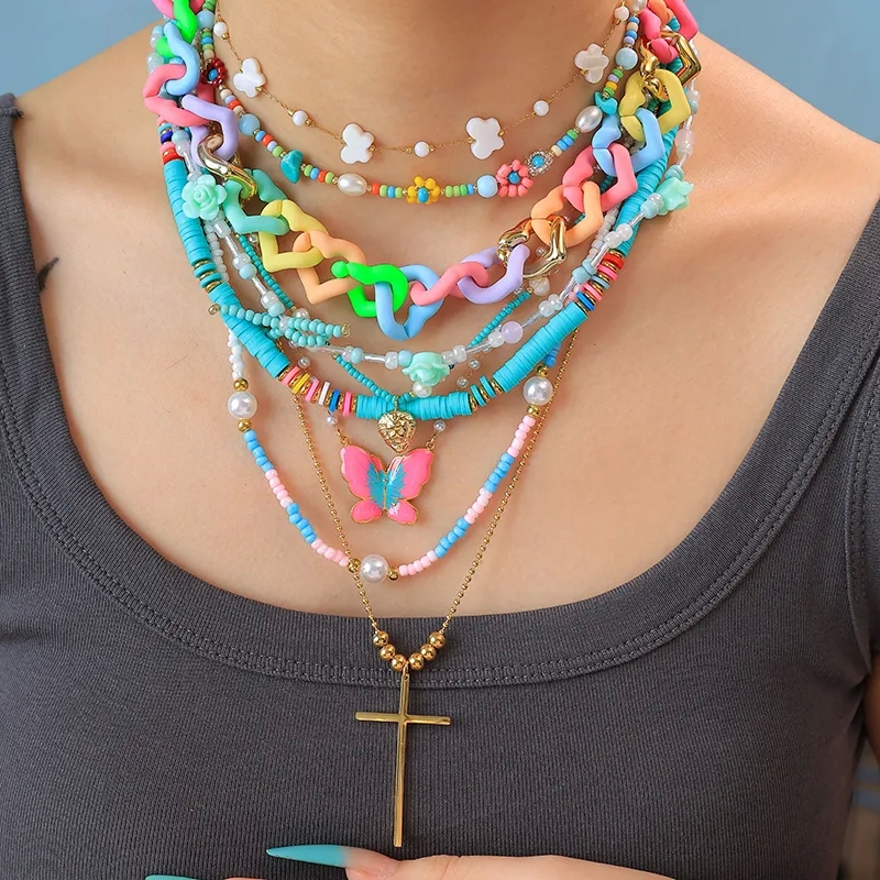 Romantic Bohemian Layered Necklace with Cross Heart Butterfly, 14K Gold Plated Stainless Steel Craftsmanship