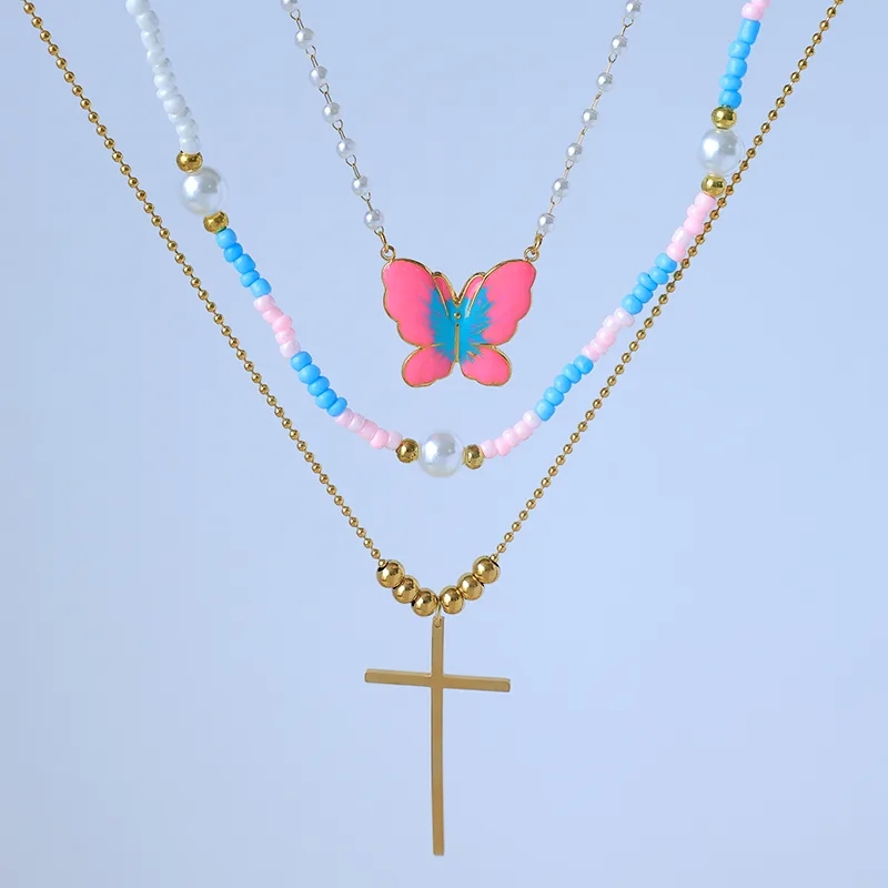 high fashion jewellery brands Romantic Bohemian Layered Necklace with Cross Heart Butterfly, 14K Gold Plated fashion jewelry 2012 Stainless Steel Craftsmanship 2024 fashion jewelry trends