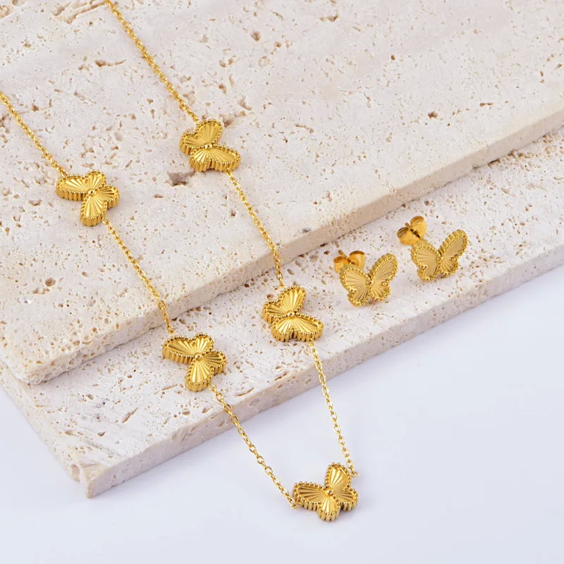 is 9 karat gold real Rare Vintage-Inspired Boho Butterfly Clavicle Chain & Earrings Set - High-Fashion Titanium Steel meeka fine jewelry Jewelry fine jewelry trends 2023