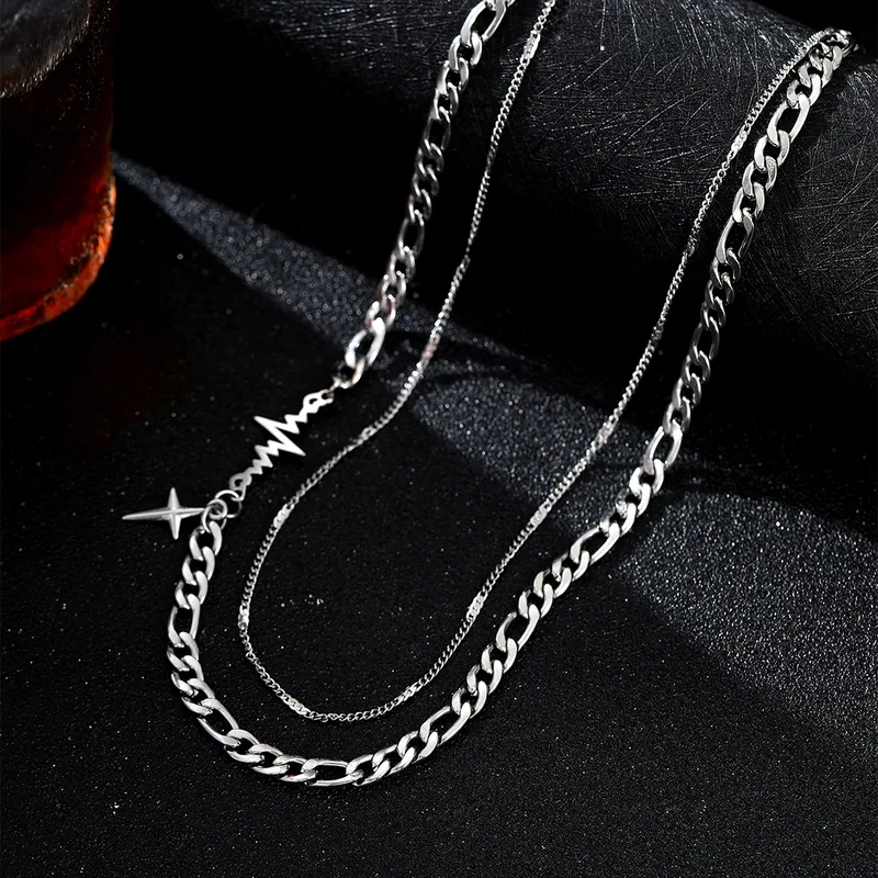 muslim men jewelry Affordable High-Fashion men's jewelry trend 2024 Stainless Steel Double Layer ECG Chain Men's Necklace Set with Gift Box macy's men's jewelry necklaces