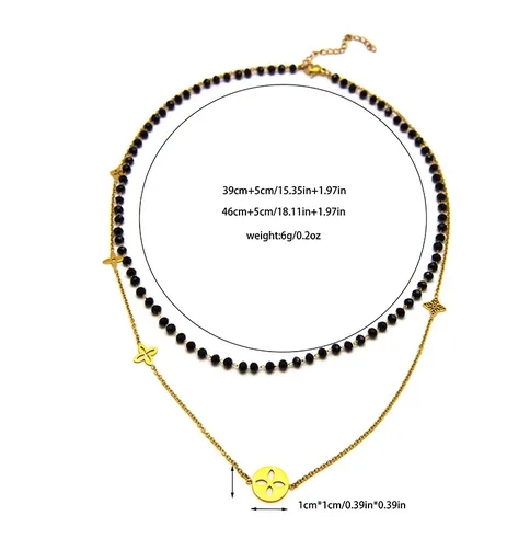 Chic Sparkling Streetwear: 14K Gold-Plated Stainless Steel Double Layer Necklace with Crystal Flower