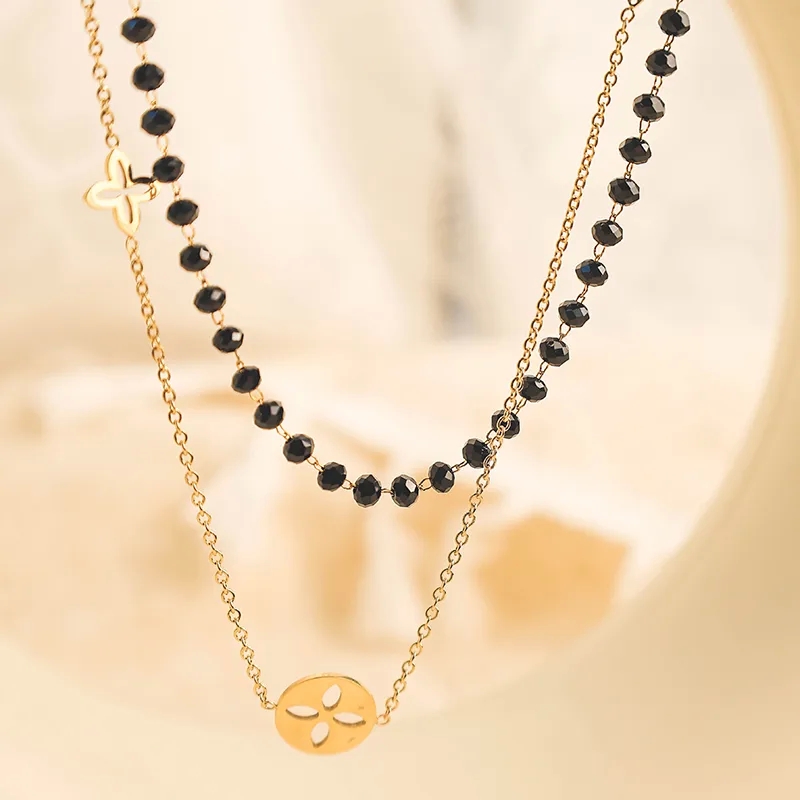 fashion jewelry distribuidor Chic Sparkling Streetwear: 14K Gold-Plated Stainless Steel Double Layer Necklace with Crystal premier designs high fashion jewelry Flower fashion jewelry miami