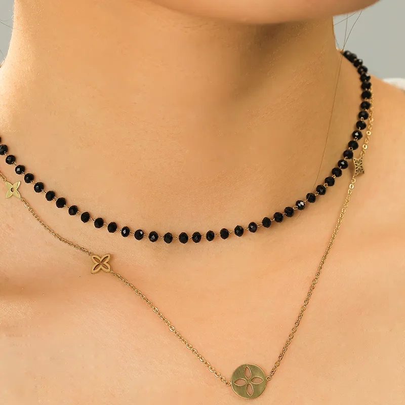 fashion jewelry in spanish Chic Sparkling Streetwear: 14K urban fashion jewelry Gold-Plated Stainless Steel Double Layer Necklace with Crystal Flower dazzle fashion jewelry