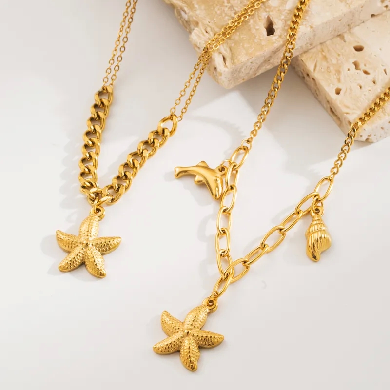 ocean fine jewelry Handmade Exclusive Non-Toxic Ocean Charm Necklace with Starfish Conch Dolphin in 304 Stainless neustaedter's fine jewelry Steel fine jewelry gold bracelets