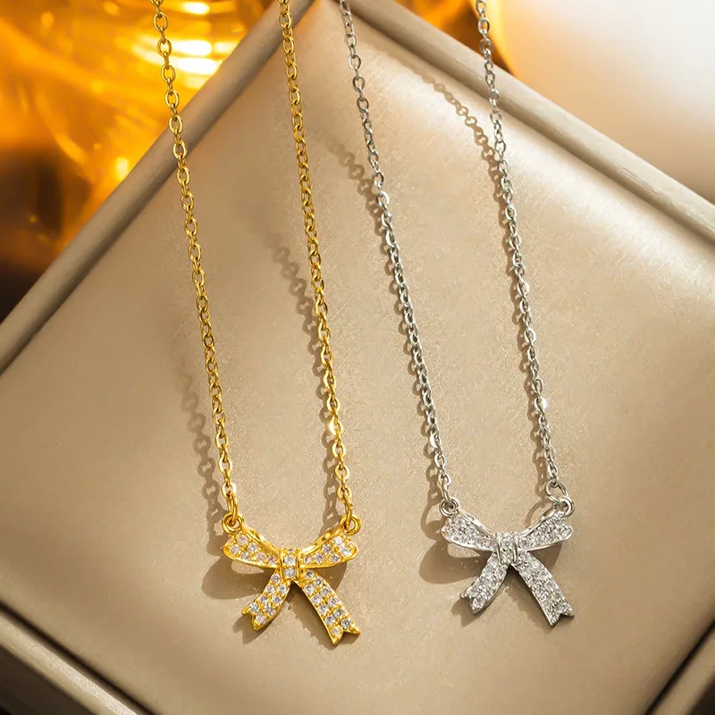 Exclusive Minimalist Titanium Steel Necklace with Elegant Zircon Inlay and Shiny Bow Knot Design