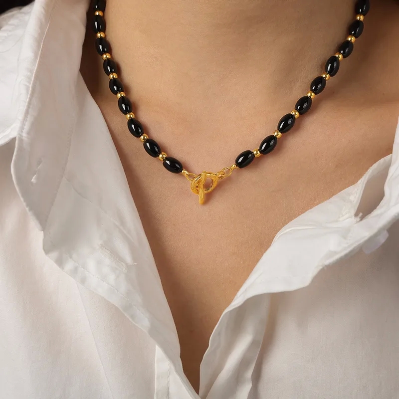 fine jewelry 18k Sustainable Chic gucci fine jewelry Geometric Agate Titanium Steel 18k Gold-Plated Toggle Necklace - Affordable Luxe allen's fine jewelry grenada ms