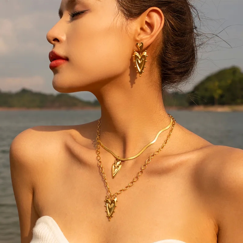 fine jewelry ear cuff Elegant montelongo's fine jewelry Heart-Shaped Stainless Steel Necklace & Earrings Set - Fast Waterproof Skin-Friendly Jewelry fine jewelry uae