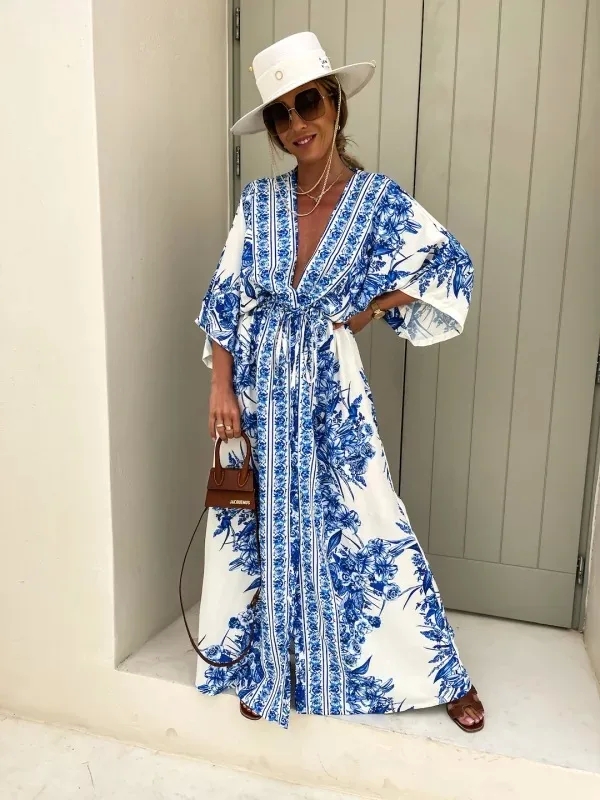 Artisan Ethnic V-Neck Short Sleeve Maxi Dress - Luxury Handcrafted Elegance for Holiday Retreats
