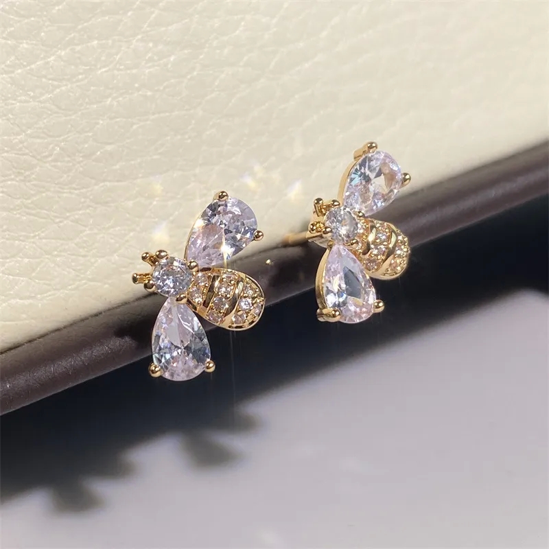 Boho Chic Zircon Bee Studs: Gold-Plated Copper Earrings with Organic Elegance