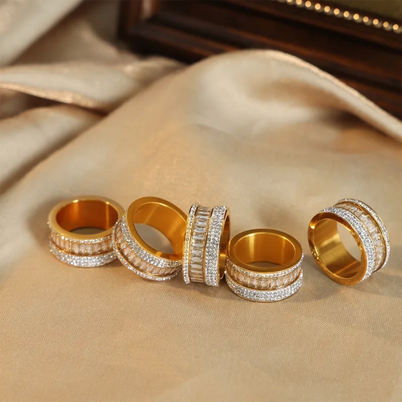 fine jewelry diamond earrings Elegant Artsy Titanium Steel Zircon sami fine jewelry Ring: 18K Gold Plated with Polished Finish and Sparkle Inlay vartan's fine jewelry