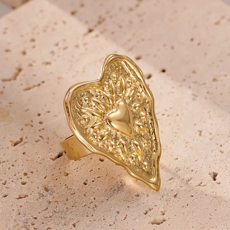 Ethically Crafted 14K Gold Plated Stainless Steel Bohemian Heart Ring - Delicate Vintage-Inspired Design