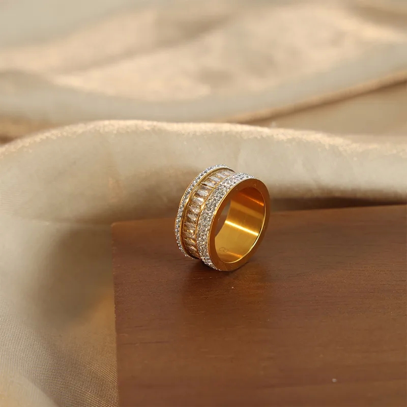 Elegant Artsy Titanium Steel Zircon Ring: 18K Gold Plated with Polished Finish and Sparkle Inlay
