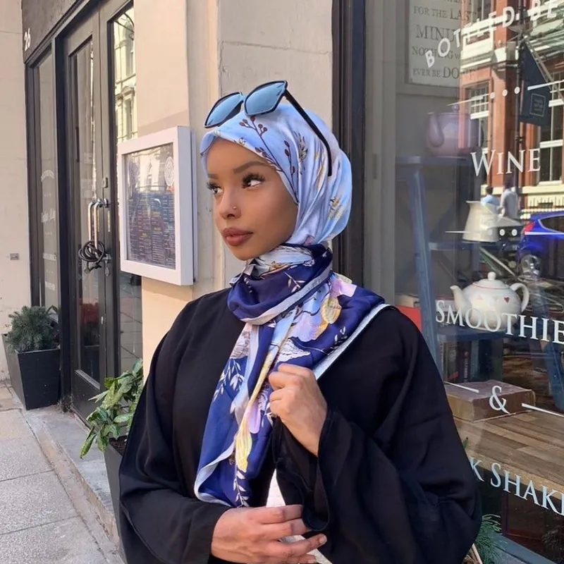 Premium Quality Women's Satin Silk Scarf - Simple Style with Tree Feather Flower Print, Comfortable & Grunge Style