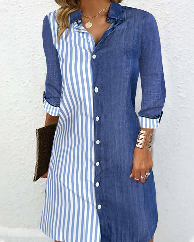 luxury women's clothing brands Chic Color Block Stripe Shirt Dress - Quick Fashion Long women's clothing made in usa Sleeve Above Knee with Collar, Great Gift Idea! 70 year old women's clothing