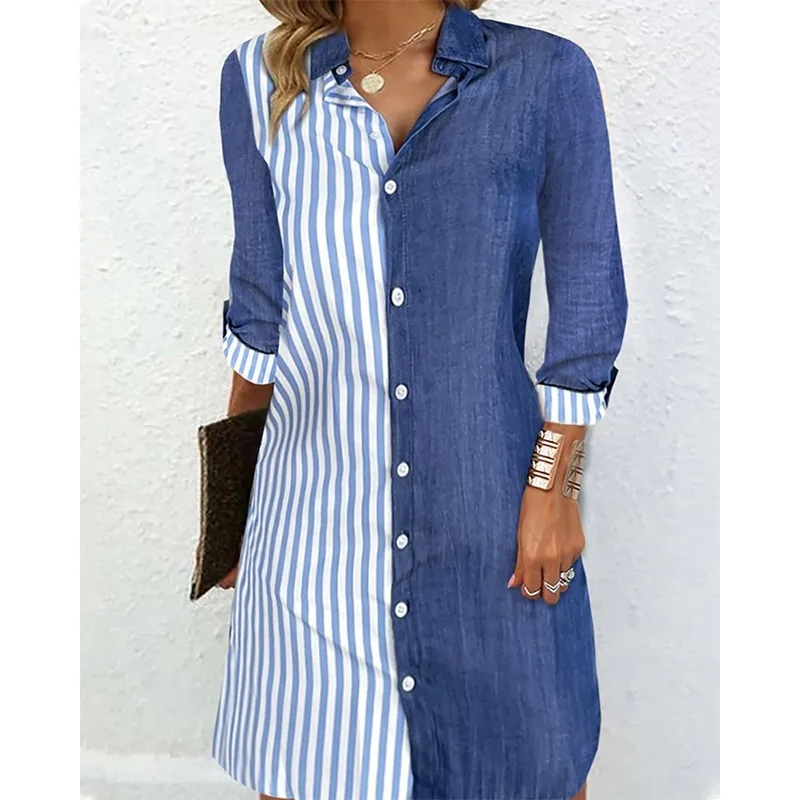 Chic Color Block Stripe Shirt Dress - Quick Fashion Long Sleeve Above Knee with Collar, Great Gift Idea!