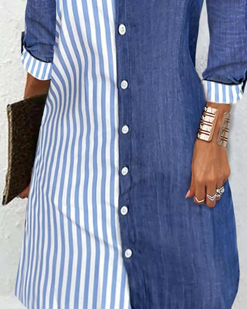 women's clothing under $10 Chic Color Block Stripe Shirt 2023 women's clothing trends Dress - Quick Fashion Long Sleeve Above Knee with Collar, Great Gift Idea! 26/28 women's clothing