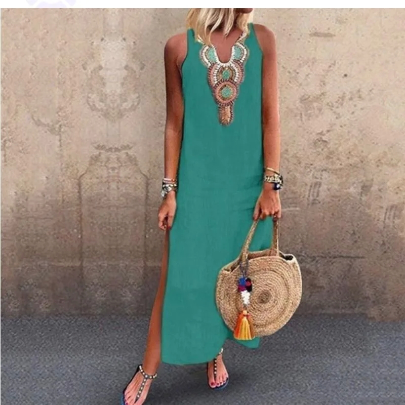 shop women's clothing Eco-Friendly Bohemian Sleeveless women's clothing 80 off Geometric Maxi Dress - Refined A-Line Skirt with V-Neck and Slit Design quality women's clothing online