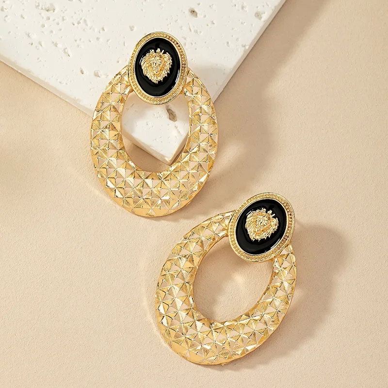 black fashion jewelry Bespoke Matte Oval Lion Alloy Earrings - High-Quality Celebrity Style fashion jewelry brands for Daily Wear where to buy fashion jewelry