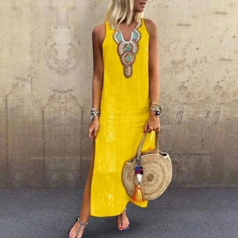 greek women clothing Eco-Friendly Bohemian Sleeveless Geometric Maxi Dress - Refined A-Line Skirt with V-Neck and young women's clothing brands Slit Design shein women's clothing