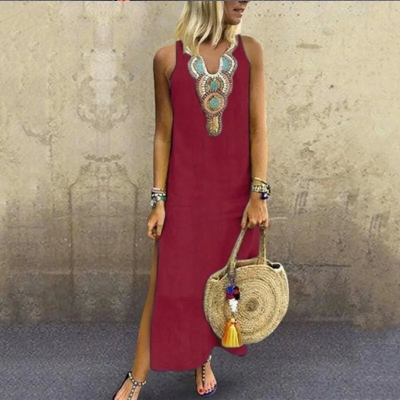 harris scarfe women's clothing sale Eco-Friendly Bohemian Sleeveless 1930s women's clothing Geometric Maxi Dress - Refined A-Line Skirt with V-Neck and Slit Design kasper women's clothing