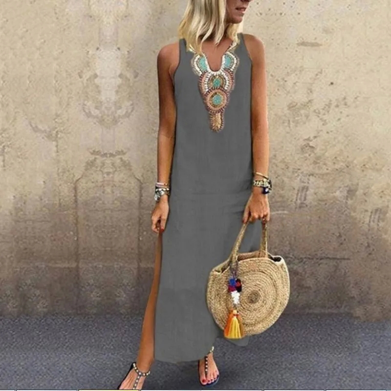 older women's clothing brands Eco-Friendly Bohemian Sleeveless Geometric Maxi Dress women's clothing consignment shops near me - Refined A-Line Skirt with V-Neck and Slit Design women's clothing websites