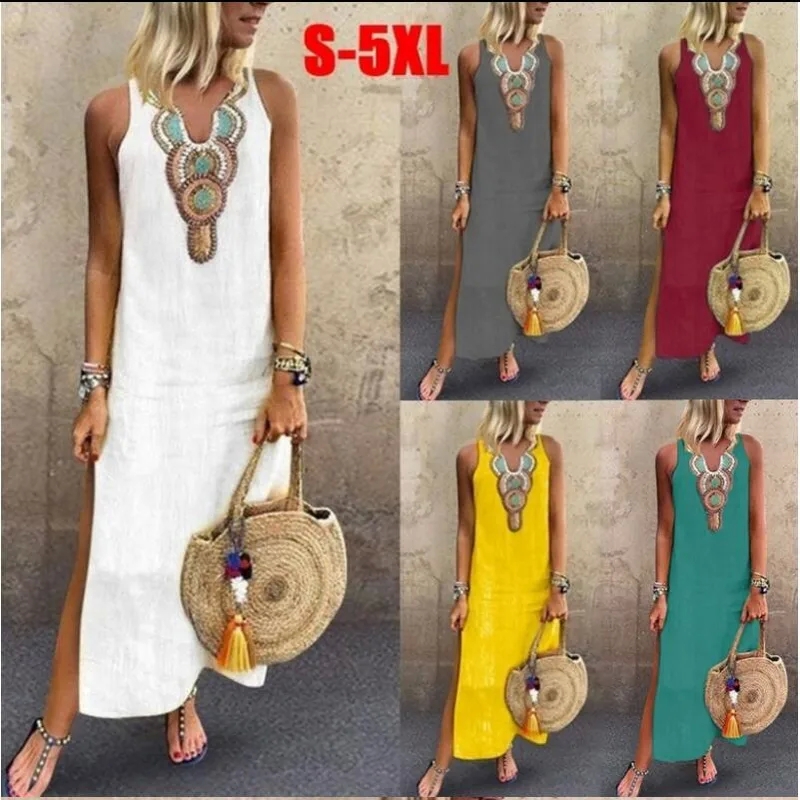 women's clothing for travel Eco-Friendly Bohemian Sleeveless Geometric Maxi Dress - Refined A-Line Skirt with V-Neck and victorian women's clothing Slit Design women's clothing stores near me