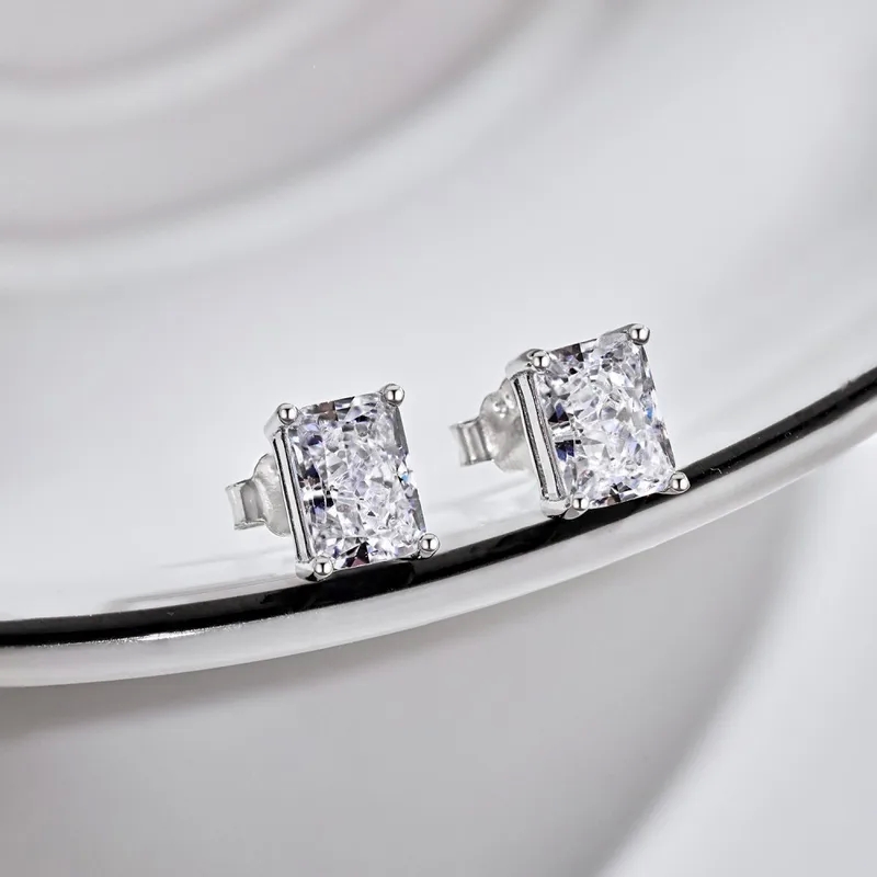 Heritage-Inspired 925 Sterling Silver Skin-Friendly Zircon Rectangle Ear Studs with Glam Vibe