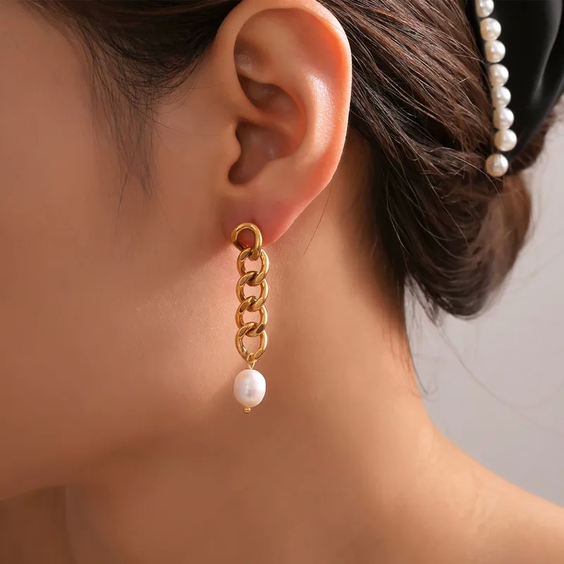dacuba's fine jewelry Custom Glam 18K Gold Asymmetrical Freshwater Pearl Drop Earrings - fine jewelry engraving Personalized French Style Chain Design peter thomas roth fine jewelry