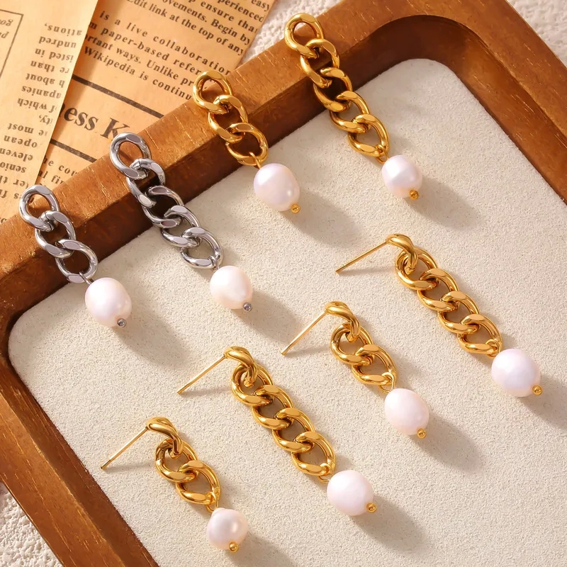 everett fine jewelry Custom Glam 18K Gold Asymmetrical Freshwater Pearl Drop Earrings - 100 east fine jewelry Personalized French Style Chain Design fine jewelry job description