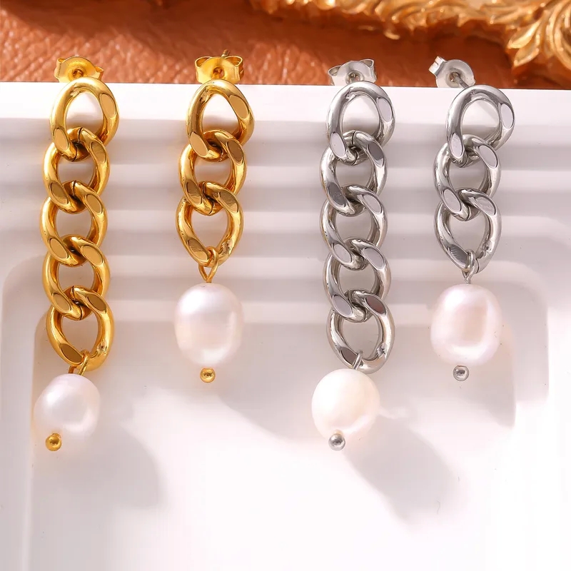 Custom Glam 18K Gold Asymmetrical Freshwater Pearl Drop Earrings - Personalized French Style Chain Design