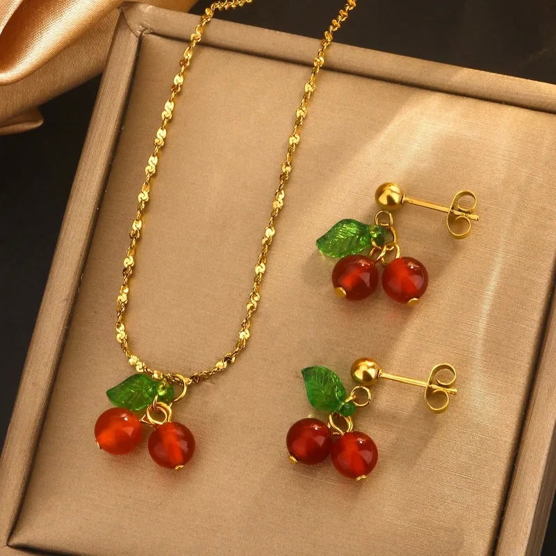 Chic Celebrity Style Cherry Fruit Jewelry Set: Classic 18K Gold Plated Stainless Steel Earrings & Necklace