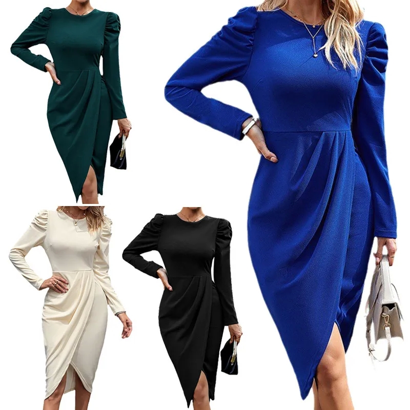 Elegant Women's Long Sleeve Wrap Dress - Classic Knee-Length Cocktail Party Attire for an Affordable Gift