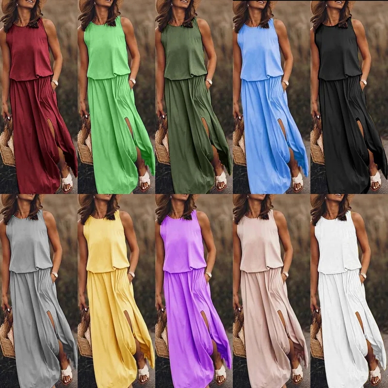 Upcycled Classic Women's Sleeveless Maxi Dress - Elegant Minimalist Solid Color for Daily & Holiday