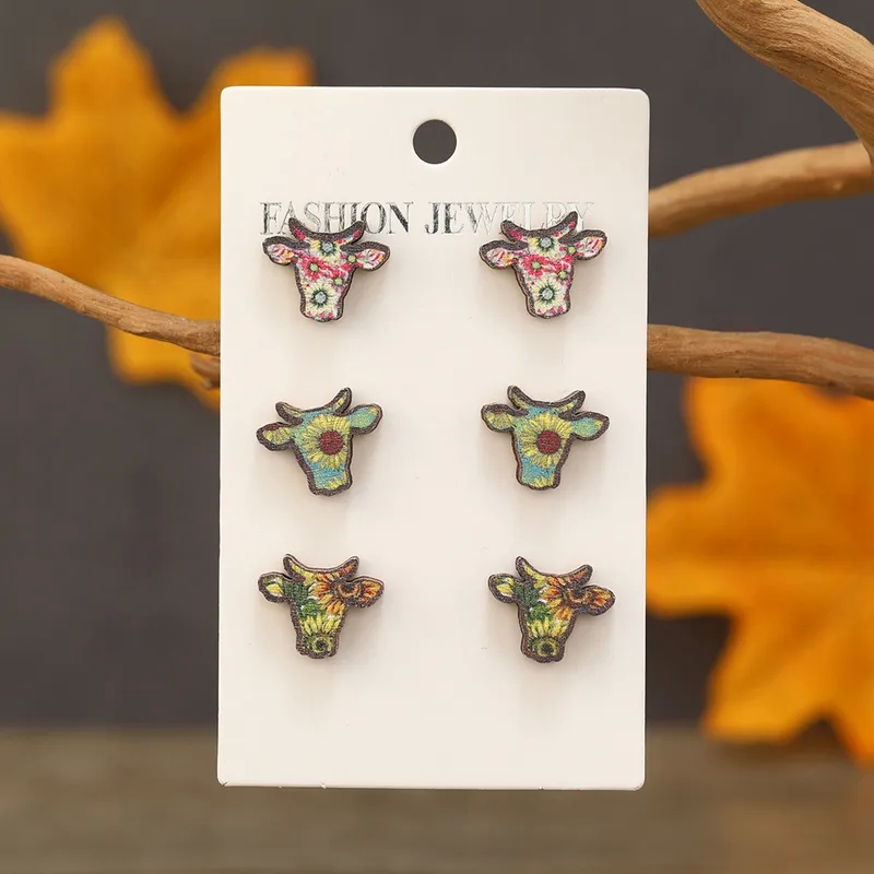 h&r fashion jewelry Elegant Eco-Friendly Cattle fashion costume jewelry meaning Flower Wood Ear Studs - Custom Fit Retro Style Durable Wholesale 3 Pairs mens 80s fashion jewelry