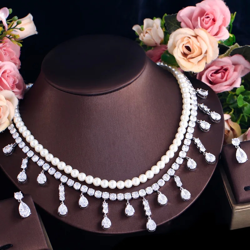 high end jewelry new york Luxurious Bold Design: Shiny Water Droplet Shell Pearl & Gemstone Set - White Gold Plated high-end jewelry brands Women's Jewelry high end sea glass jewelry