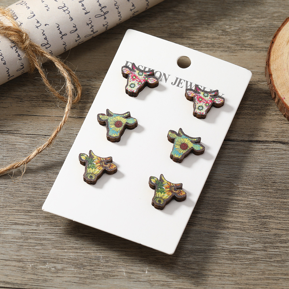 italian fashion jewelry Elegant Eco-Friendly Cattle Flower Wood Ear popular fashion jewelry brands Studs - Custom Fit Retro Style, Durable Wholesale 3 Pairs fashion jewelry that won't tarnish