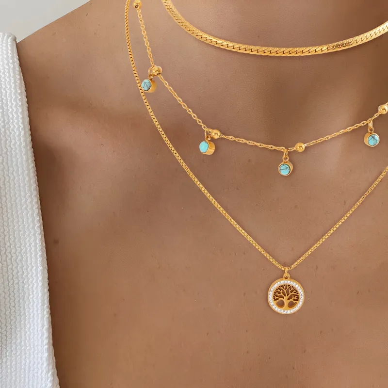 brand x piercing & fine jewelry Boho Retro Life Tree Necklace: Turquoise Zircon 18K Gold Layered Stainless fine jewelry pawn shop near me Steel Pendant jimmy's fine jewelry