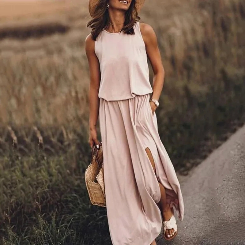 upscale women's clothing Upcycled Classic Women's Sleeveless Maxi Dress - Elegant Minimalist Solid donate women's clothing near me Color for Daily & Holiday new balance women clothing