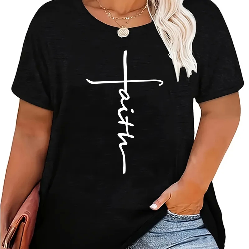 women's clothing tops Chic best women's clothing brands Plus Size Short Sleeve T-Shirt with Stylish Lettering - Everyday Sophisticated Style women's clothing quality
