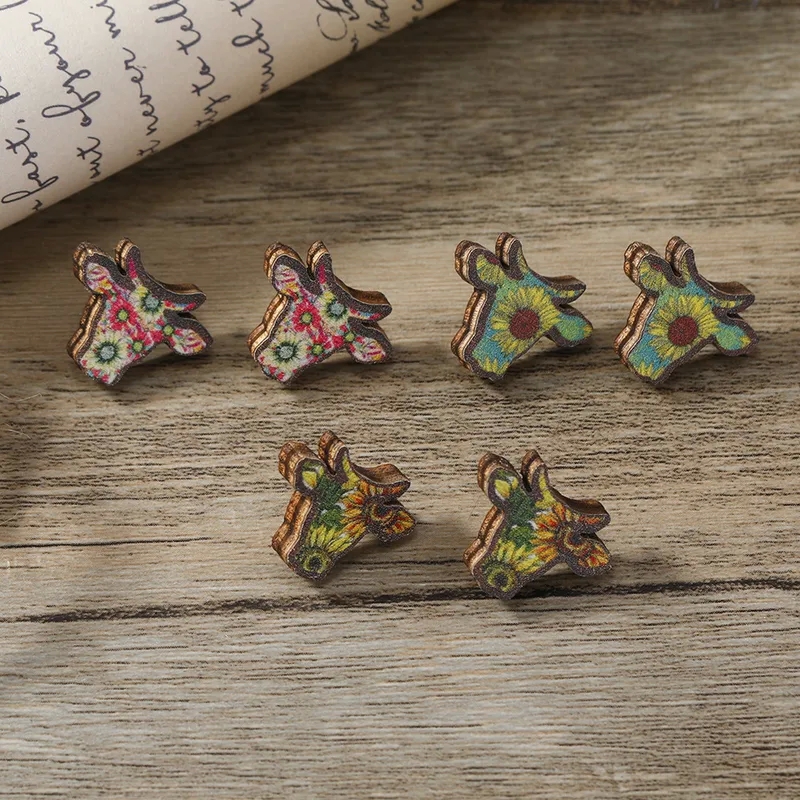 Elegant Eco-Friendly Cattle Flower Wood Ear Studs - Custom Fit Retro Style, Durable Wholesale 3 Pairs