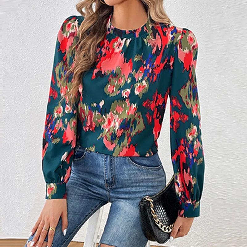 Artisan-Made Vintage-Inspired Women's Long Sleeve Blouse in Elegant Color Block Design