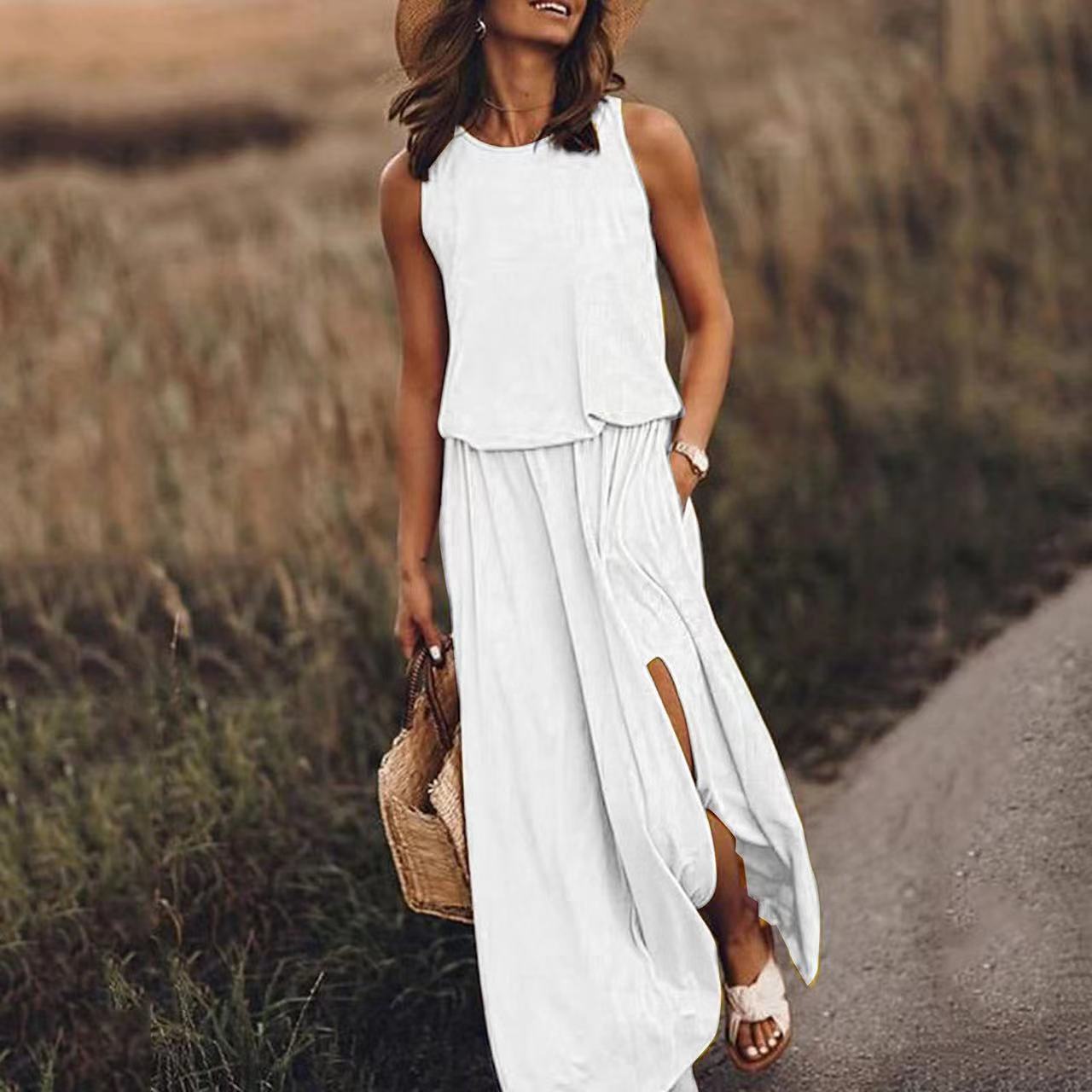 80s fashion women's clothing Upcycled Classic Women's Sleeveless Maxi Dress - Elegant Minimalist Solid Color for Daily women's clothing plus size online & Holiday women's clothing my pillow