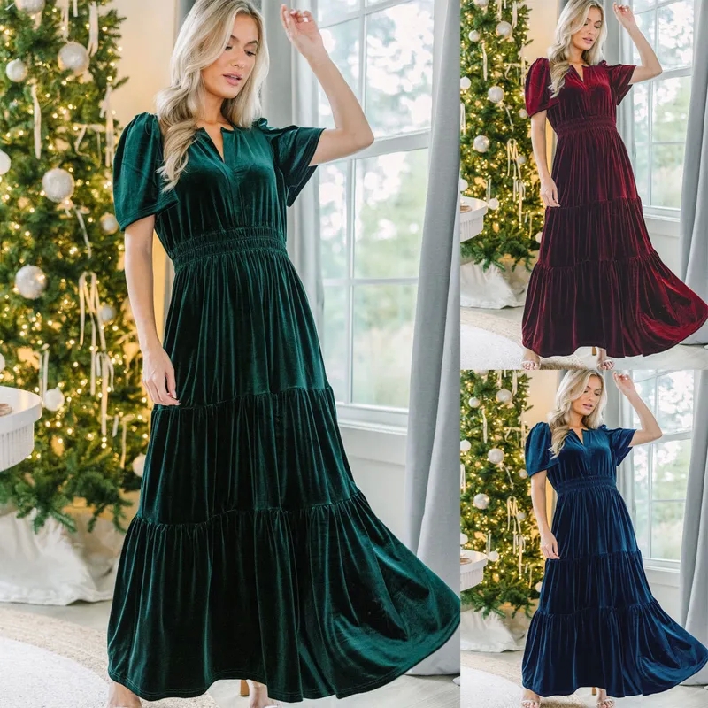 Vintage Velvet V-Neck Short Sleeve Maxi Dress - Upcycled Edgy Elegance for Banquet or Cocktail Party