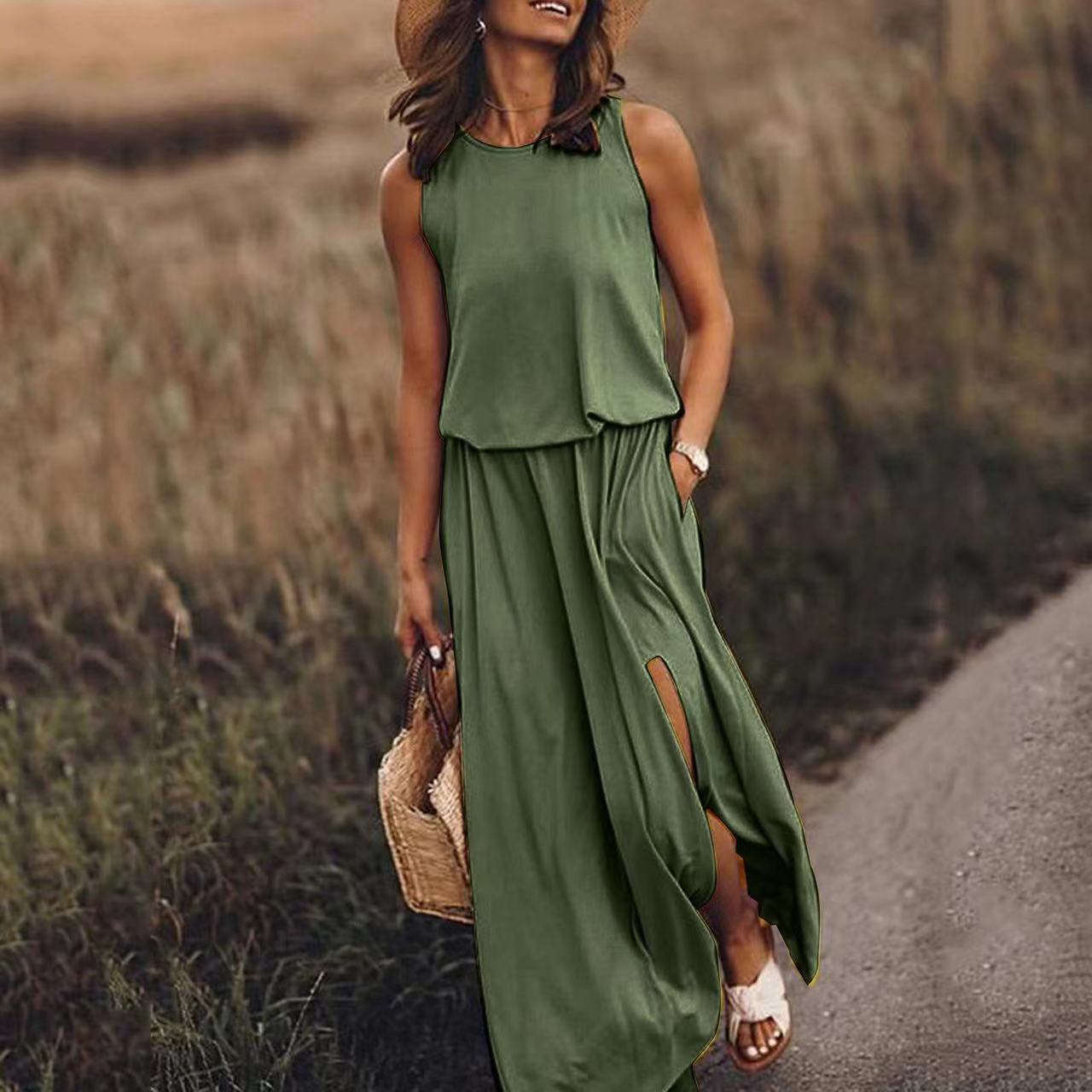 sustainable women's clothing Upcycled Classic Women's women's clothing j jill Sleeveless Maxi Dress - Elegant Minimalist Solid Color for Daily & Holiday what size is 00 in women's clothing