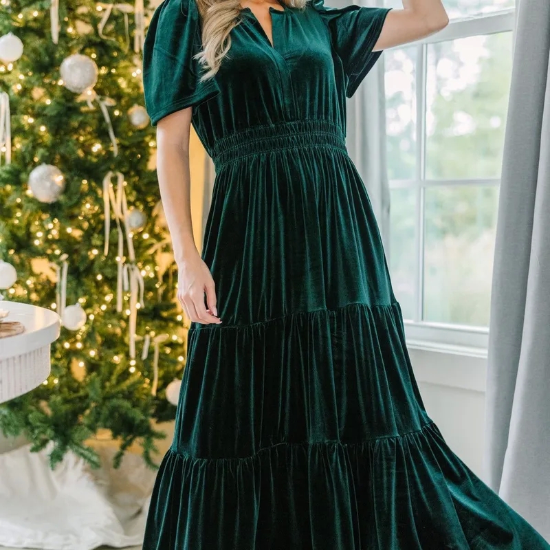 tribal women's clothing Vintage Velvet V-Neck Short Sleeve Maxi Dress - Upcycled Edgy itv loose women's clothing today Elegance for Banquet or Cocktail Party women's clothing 100 cotton